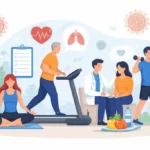 Ilustrație despre recuperarea post-COVID, cu exerciții fizice, reabilitare pulmonară și suport medical