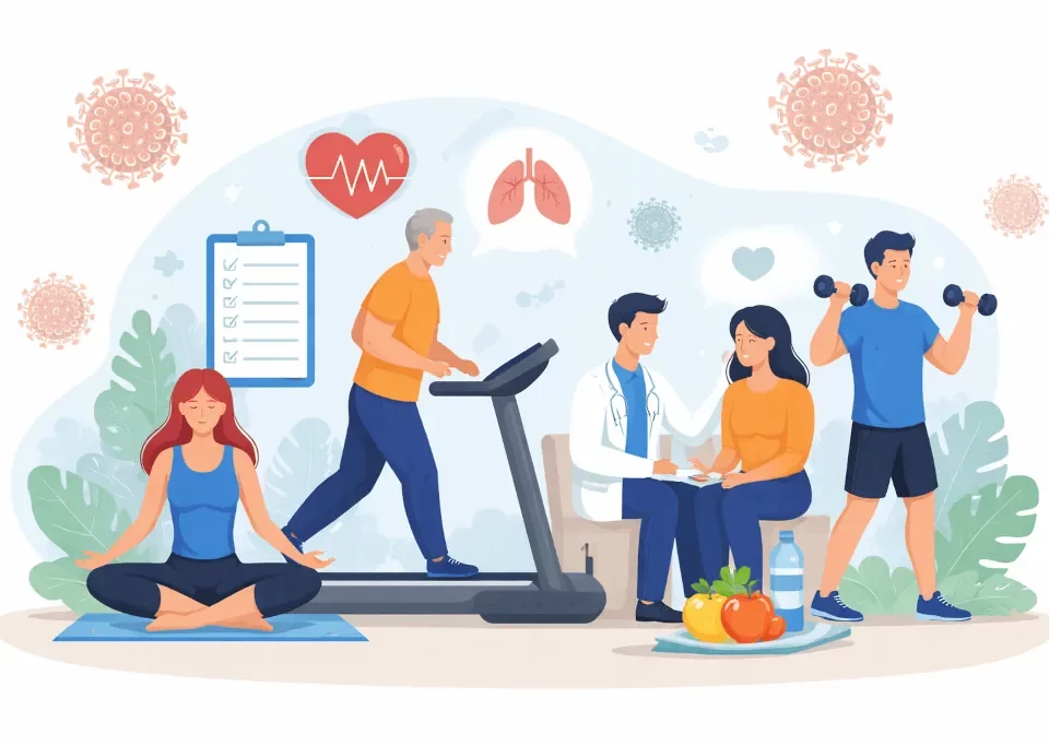 Ilustrație despre recuperarea post-COVID, cu exerciții fizice, reabilitare pulmonară și suport medical